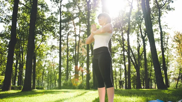 Изображение улыбающейся женщины средних лет в спортивной одежде, делающей упражнения на растяжку и йогу. Женская медитация и занятия спортом на тренажерном коврике на траве в парке — стоковое фото