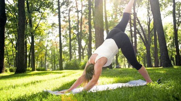 Foto de una mujer feliz sonriente de 40 años haciendo ejercicios de yoga en la alfombra de fitness en el bosque. Armonía de la naturaleza humana. Personas de mediana edad que toman coche de la salud mental y física — Foto de Stock