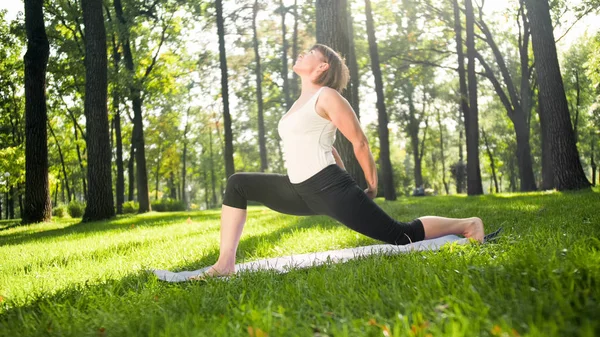 Foto de mulher sorrindo de meia-idade praticando ioga e meditando no parque. Mulher se alongando e fazendo fitness no tapete na floresta — Fotografia de Stock