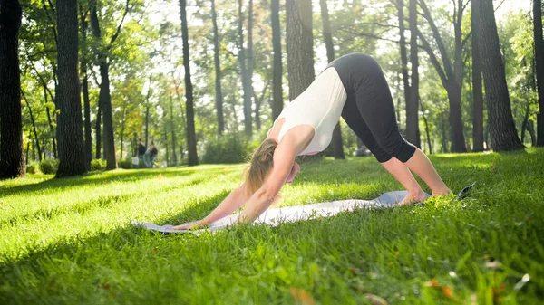 Zdjęcie w średnim wieku Kobieta w sportrs ubrania uprawiania jogi na zewnątrz w parku. Kobieta w średnim wieku rozciąganie i medytowanie w lesie — Zdjęcie stockowe