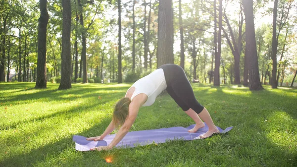 Zdjęcie w średnim wieku uśmiechnięta kobieta praktykujących jogę i medytowanie w parku. Kobieta rozciąganie i robi fitness na mat w lesie — Zdjęcie stockowe