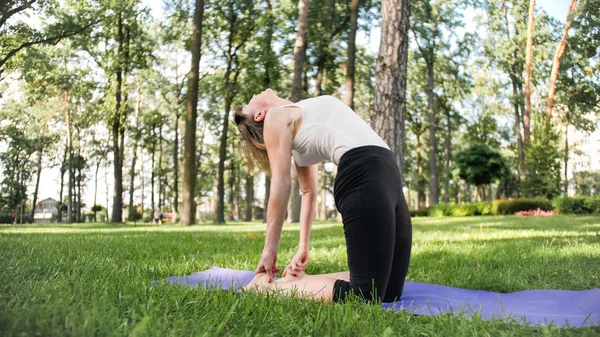 Wizerunek uśmiechniętej kobiety w średnim wieku w fitness ubrania robi rozciąganie i ćwiczenia jogi. Kobieta medytacja i czyny sportowe na mat fitness na trawie w parku — Zdjęcie stockowe