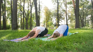 Grass Park'ta annesiyle yoga yapan genç çocuğun fotoğrafı. Aile ormanda birlikte fitness ve germe egzersizleri yapıyor