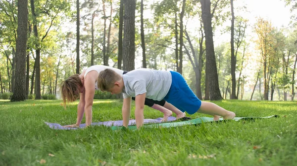 Parkta çim yoga asana pratik onu genç erkek oğlu ile anne fotoğrafı. Aile ormanda fitness ve spor outtodr yapıyor — Stok fotoğraf