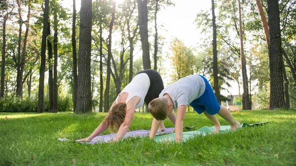 Parkta yoga sınıfında öğrencisine ders veren orta yaşlı bir kadının fotoğrafı. Woamn genç çocuk ormanda çim üzerinde fitness, meditasyon ve yoga pratik ile — Stok fotoğraf