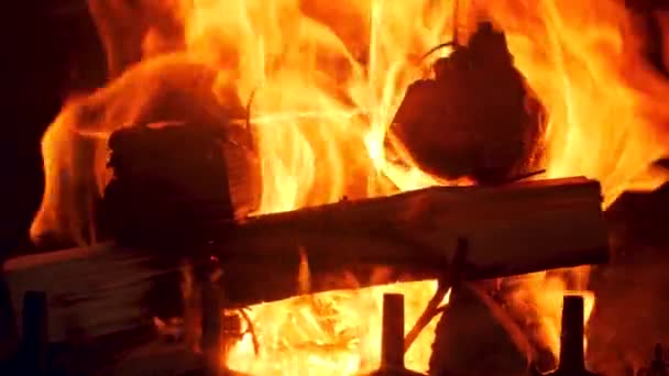 4K 자료를 클로즈업하여 집에 있는 화식조에서 나무로 된 통나무를 태우는 장면 — 비디오