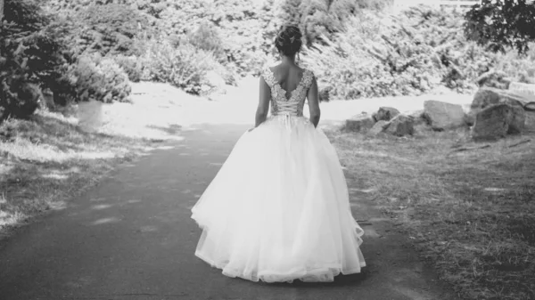 Foto in bianco e nero di elegante giovane sposa in abito lungo passeggiando al parco — Foto Stock