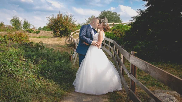 Toned foto de belo casal recém-casado beijando em cerca de madeira longa na fazenda — Fotografia de Stock