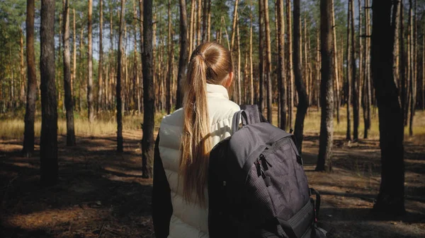Foto tonificada de mujer hermosa con mochila senderismo en el bosque —  Fotos de Stock
