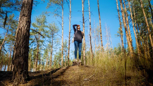 Güzel genç bayan turist ağaç kütüğünde duruyor ve gökyüzüne bakıyor. — Stok fotoğraf