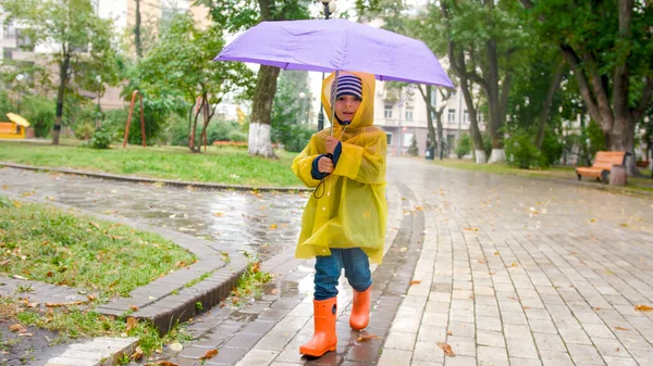 Portrét roztomilého chlapečka v pláštěnce držícího deštník a kráčejícího v parku — Stock fotografie