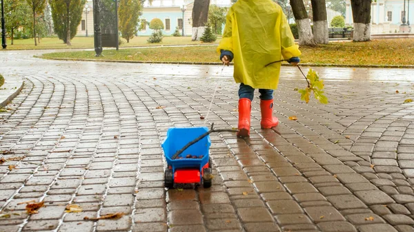 Close-up foto van kleine jongen trekken hif speelgoed truck in park op regenachtige herfstdag — Stockfoto