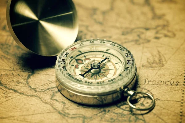 Boussole Vintage Ancienne Carte Navigation — Photo