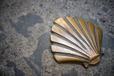 Santiago shell close up in Jaca, Huesca, Aragon, Spain. clipart