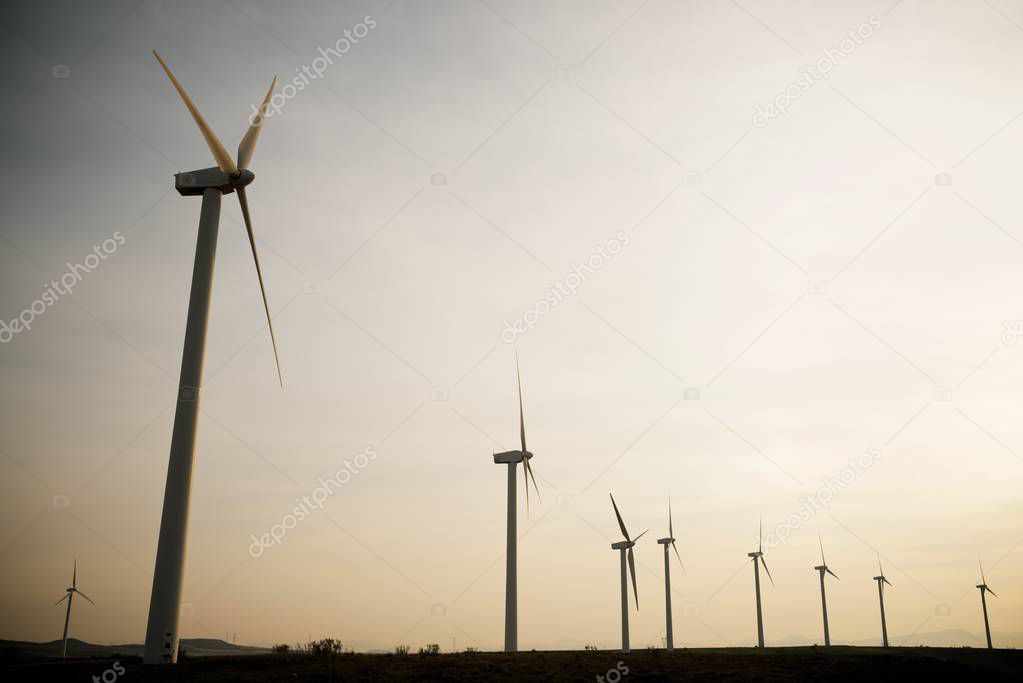 Windmills for electric power production at sunset, Zaragoza Province, Aragon, Spain