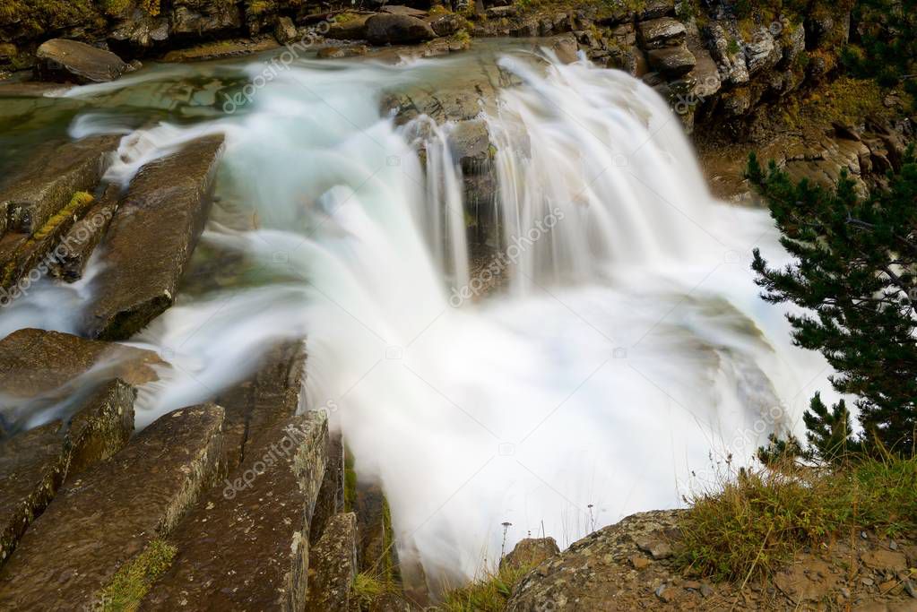 Waterfall in Ordesa National Park, Pyrenees, Huesca Province, Aragon, Spain.