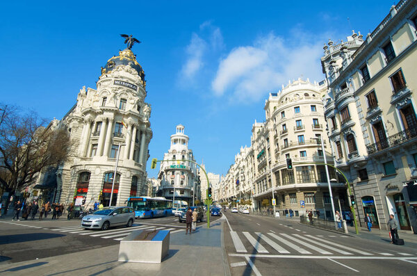 Madrid, Spain - March 22, 2012: traffic in the street known as Gran Via, one of the busiest streets of the city.