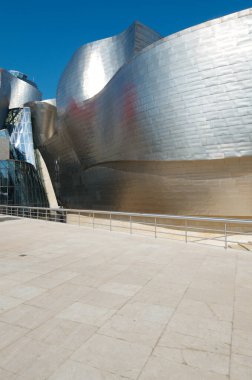Bilbao, İspanya, 30 Temmuz 2011: Guggenheim Müzesi 'nin titanyum cephesinin ön planı. Guggenheim Müzesi modern sanat sergisi olarak tasarlanmıştır ve mimar Frank Gehry tarafından tasarlanmıştır..
