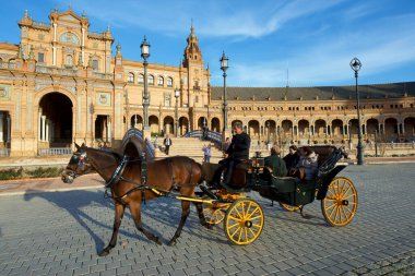 Seville, İspanya - 5 Ocak 2014: Tipik at arabası ve İspanya Meydanı 'nda yürüyen turistler, Parque Maria Luisa.