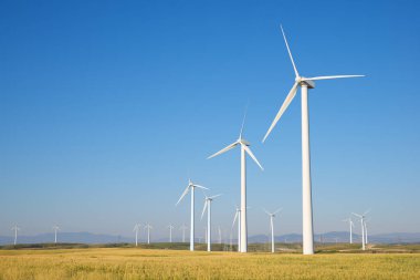 Elektrik üretimi için rüzgar türbinleri, Zaragoza ili, İspanya Aragon.