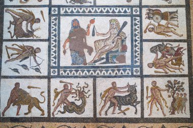 Madrid, İspanya - 15 Haziran 2014: Roma Mozaik Detayları Ulusal Arkeoloji Müzesi.