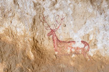 Chimiachas vadisindeki bir geyiğin kaya resmi, Guara Dağları, Huesca ili, İspanya Aragon.