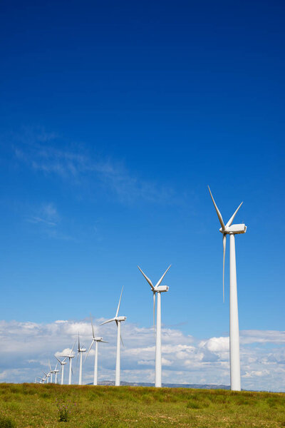 Windmills for electric power production, Zaragoza province, Aragon in Spain.