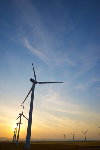 Wind turbines for electric power production, Zaragoza province, Aragon in Spain.