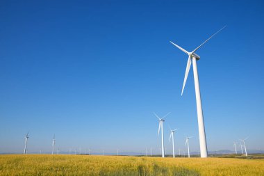 Elektrik üretimi için yel değirmenleri, Zaragoza Eyaleti, İspanya Aragon.