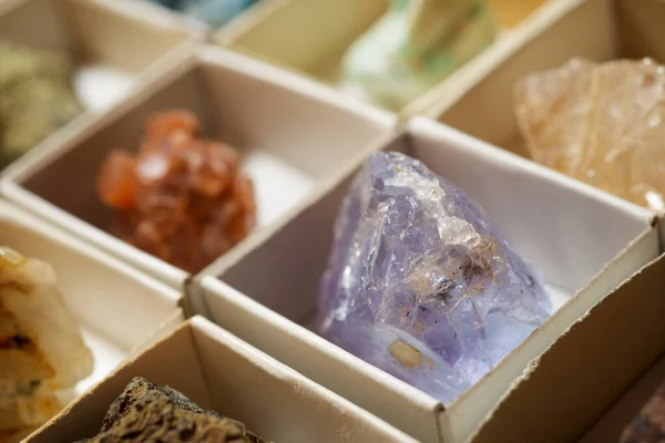 段ボール箱の中の鉱物のコレクション — ストック写真