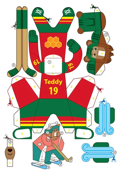 Bear Hockey Player Cut Fold Paper Toy — Stock Vector