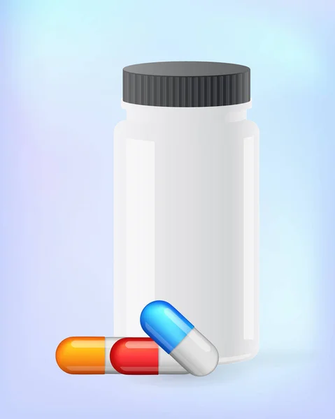Medical Painkillers, antibiotics, vitamins, amino acids, minerals.bottle. Icons of medicament. Medical illustration on blue background. — Stock Vector