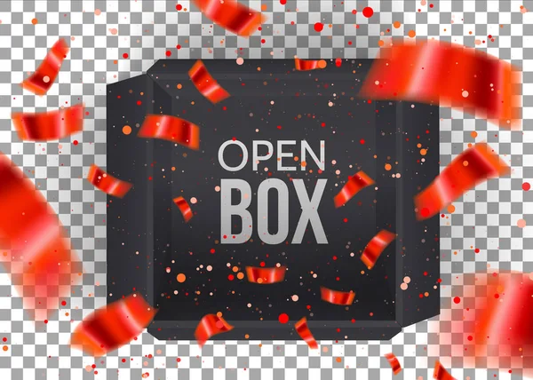 Caja abierta vacía negra con Confetti rojo que cae aislado sobre fondo transperente.Caja de regalo negra. Vista superior. Plantilla para su diseño, banner, folleto. Vector — Vector de stock