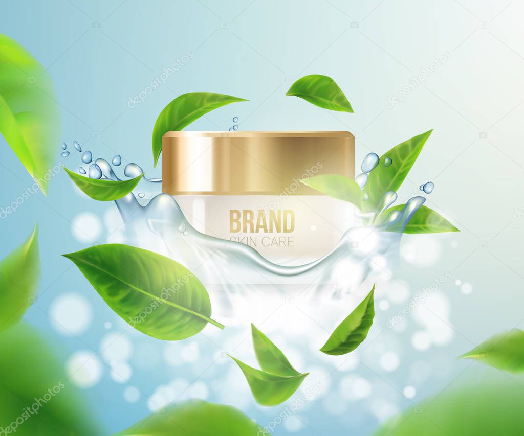 Cream.Water. Background Concept Skin Care Cosmetic.Container mockup, cosmetic bottle package,bank,3d leaves whirl in the air. .Elegant Background.Vector