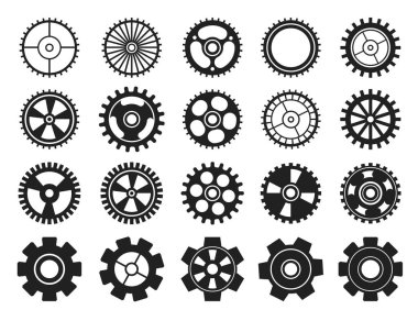 Cogwheel düz makine dişli simgesi. Beyaz arka planda siyah makine dişli seti: tekerlek çark vektörü, dişli tekerlekler seti, vektör dişli koleksiyonu