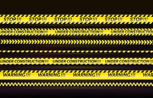 Komplet pasków czarno-żółtych. Taśmy ostrzegawcze. Znaki ostrzegawcze. Uwaga, stop, w budowie, taśma Barricade, taśma bariery sceny. Vector płaski rysunek styl ilustracja — Wektor stockowy