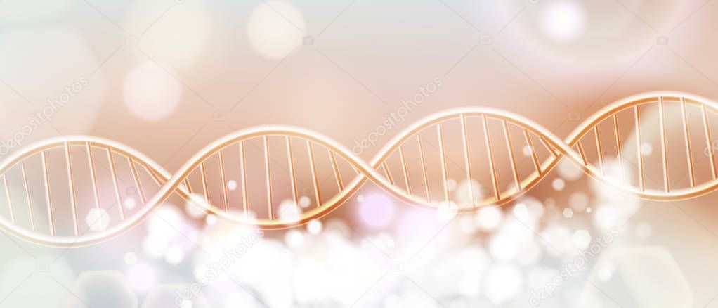 Golden DNA structure vector background. Beauty skin care luxury cosmetics concept. Molecular structure. 3D . Blurred bright bokeh background.