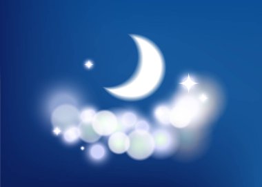 Yarım ay, bulutlar ve yıldızlar ile Mistik Gece gökyüzü arka plan. Ay ışığı gecesi. hilal ay. Ramazan kareem için tebrik. Vektör