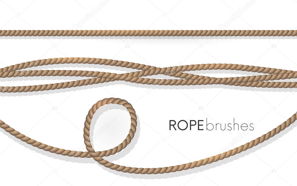 Realistic fiber ropes.Rope brushes .Jute twisted cords with loops isolated on white background. Decorative elements with brown packthread.