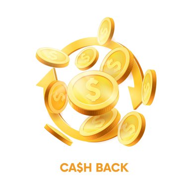 Gerçekçi Altın sikke patlama. Nakit geri. farklı pozisyonlarda paralar. Beyaz arka planda yalıtılmış