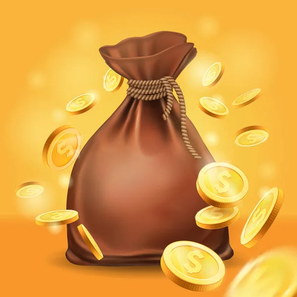 Moneybag and gold coins. Money 3d vector icon.Design element, clipart with sack , metal money.whirl,swirl coins.