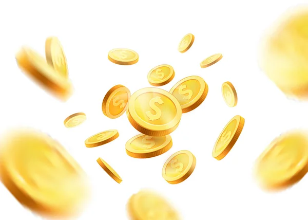 Realistische Goldmünzen explosion.Coins in verschiedenen Positionen gesetzt. isoliert auf weißem Hintergrund — Stockvektor
