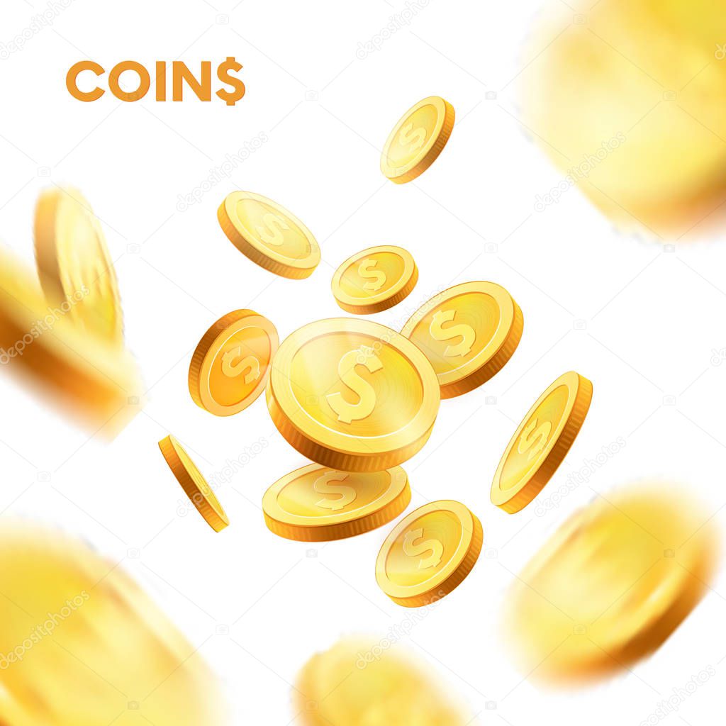 Realistic Gold coins explosion.coins set in different positions. Isolated on white background