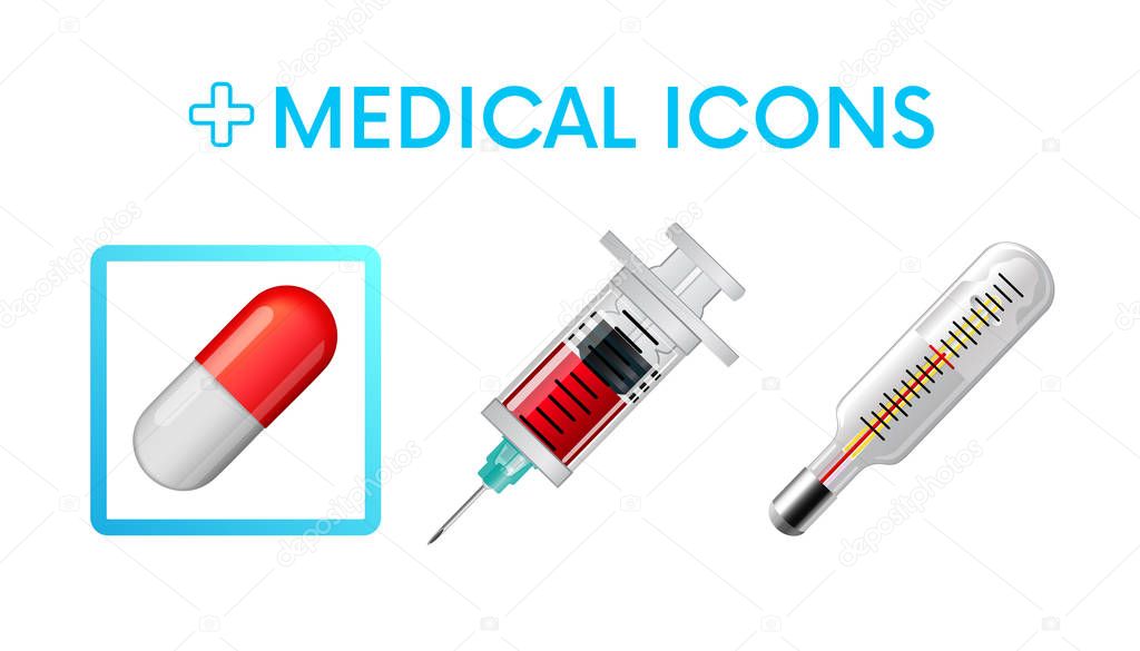Set of medical icons,illustrations. Painkillers, capsules, antibiotics,thermometer, syringe. Vector illustration. For your design or game apps.
