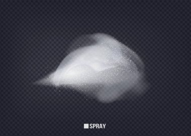 Parfüm reklam spreyi.sihirli etkisi. Tasarımınız için güzel, zarif bir unsur. Havadar su spreyi. Mist.Sprayer sis siyah şeffaf arka plan üzerinde izole. Vektör.