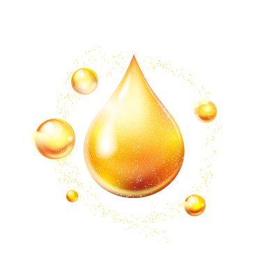 Petrol damla altın parlayan simgesi. Vitamini. Parlayan altın madde damlası. Vektör