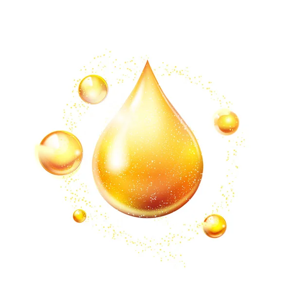 Petrol damla altın parlayan simgesi. Vitamini. Parlayan altın madde damlası. Vektör