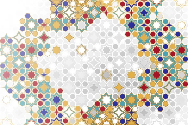 Arabisk prydnads bakgrund i färg. Islamiska prydnadsväxter färgglada detalj av mosaik. arabiska, östra, indiska ornament, Persiska motiv, 3D. enkel geometrisk. Ramadan Kareem guld gratulationskort, banner. — Stock vektor