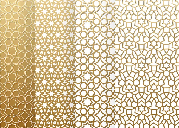 Dikişsiz geometrik desen ayarlayın. İslami desen. arapça, doğu süs, hint süs, farsça motif, 3d. Ramazan Kareem altın tebrik kartı, afiş. geometrik süslü, parlayan vektör illüstrasyon.
