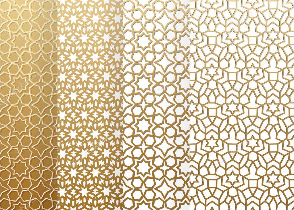 Seamless set geometrics pattern. Islamic pattern. arabic, east ornament, indian ornament, persian motif, 3D. Ramadan Kareem gold greeting card, banner. geometric ornate, shining vector illustration.